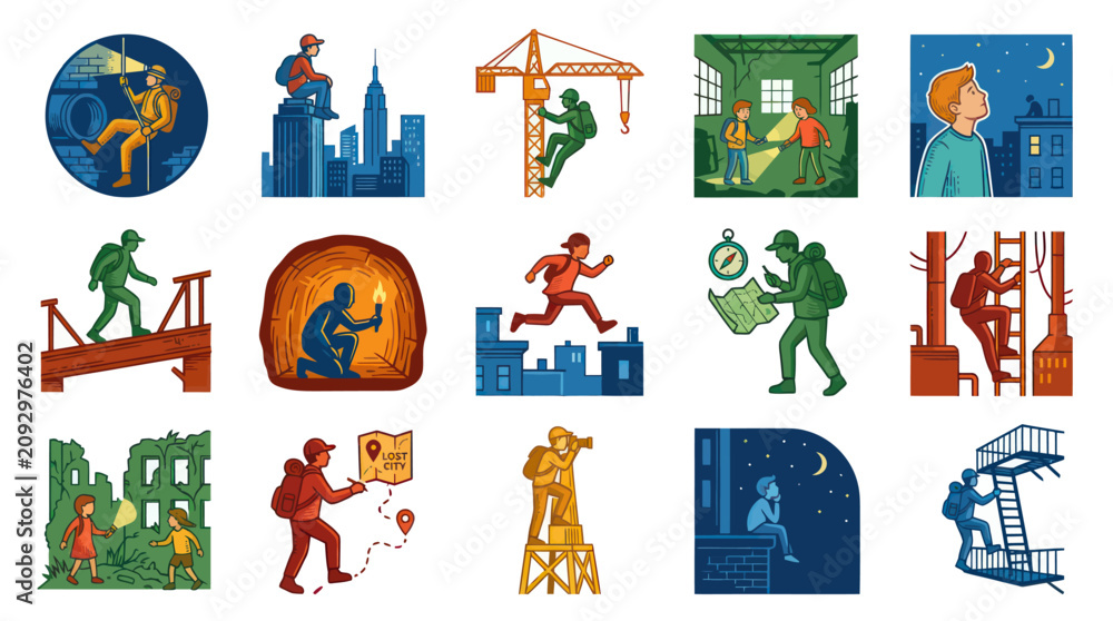 Fototapeta premium Textured Adventure and Urban Exploration Icons Set in Retro Woodcut Style