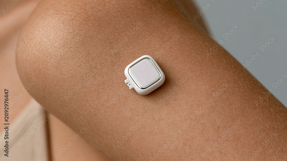 Fototapeta premium Macro photography of white continuous glucose monitoring sensor device attached on clean skin for diabetes management