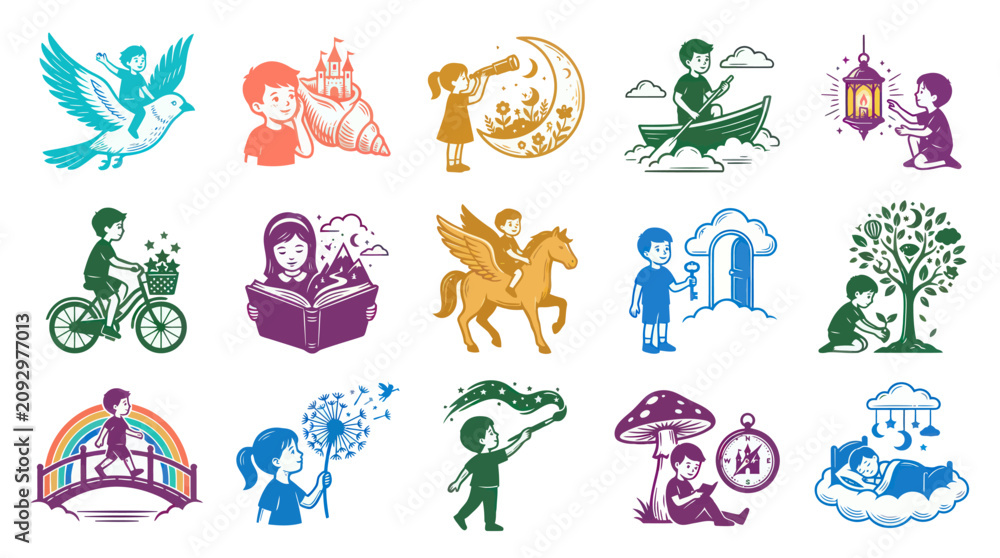 Fototapeta premium Children's Imagination Dreams Vector Icons: Fantasy, Adventure, Reading, Nature