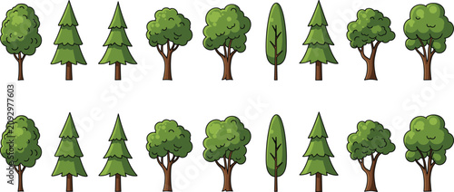 Foto Tree icon set featuring broadleaf, conifer, and seasonal variations for nature,