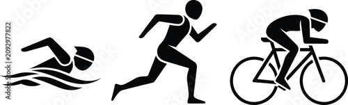 Foto Triathlon icons set with swimmer, runner, and cyclist silhouettes, fitness sport