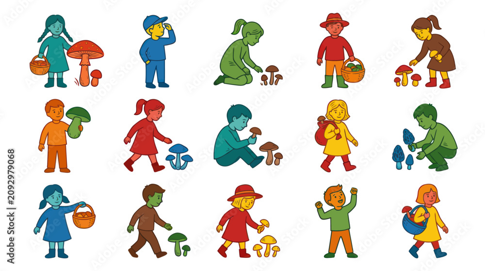 Fototapeta premium Children Mushroom Picking Cartoon Flat Line Art Illustration Set. Kids Foraging in Nature Outdoor Activity.