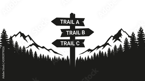 Trail direction signpost in a mountain forest.