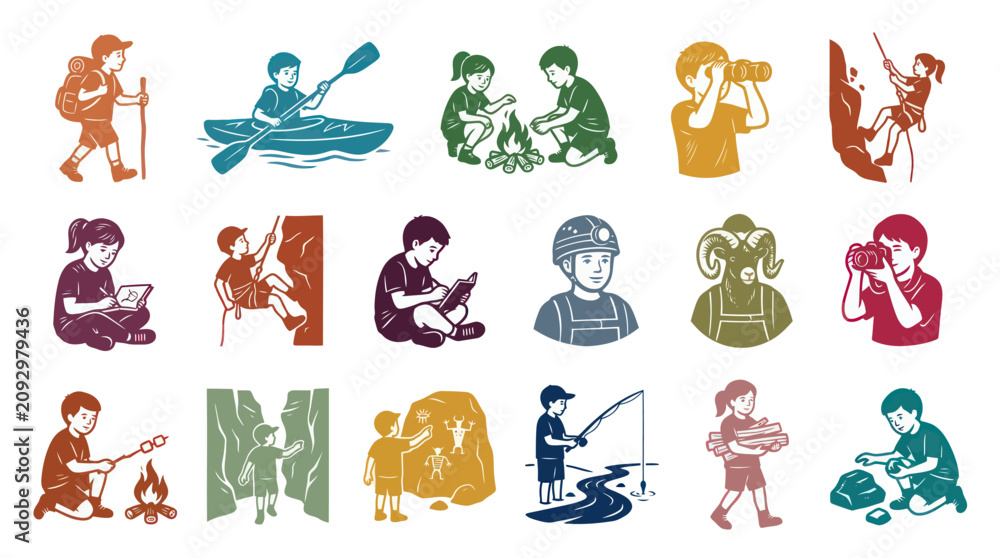 Obraz premium Retro Style Camping Kids Activities Vector Icons Set