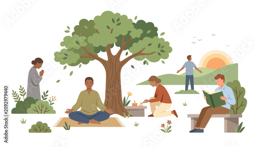 Bild auf Leinwand Peaceful flat illustration showing people praying individually, meditating, refl