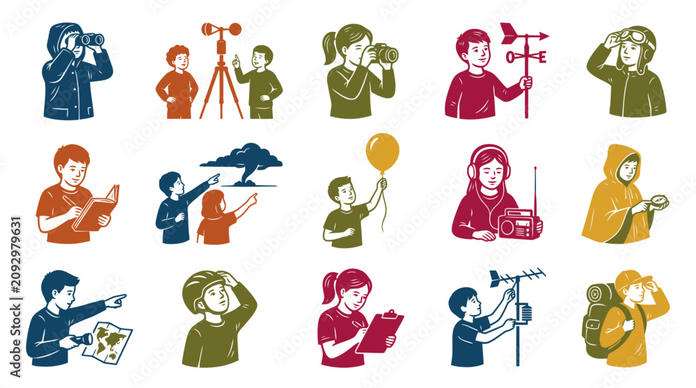 Obraz premium Flat Icon Set: Kids Exploring Nature, Science, and Outdoor Activities