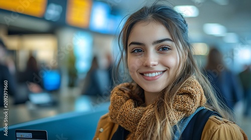 Smiling young woman in airport, ready for travel.  Happy expression