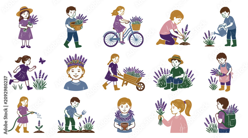 Fototapeta premium Cartoon Children Gardening Lavender Flowers Vector Illustration Set. Kids Planting, Watering, Harvesting Plants.