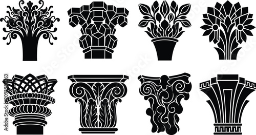 Bild auf Leinwand Classical column capital silhouette icon set featuring ancient architectural det