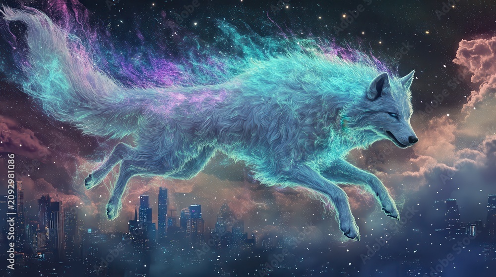 Fototapeta premium A glowing fox jumps in a colorful night sky over a city with dark clouds and bright stars visible in the background here