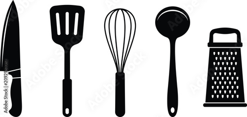 Photos Kitchen utensils icon set featuring black silhouettes of chef knife spatula ball