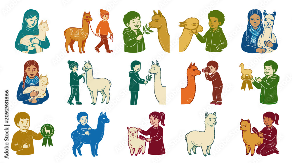 Obraz premium Alpaca and People Vector Illustration Set for Farming, Animal Care, and Pet Enthusiasts