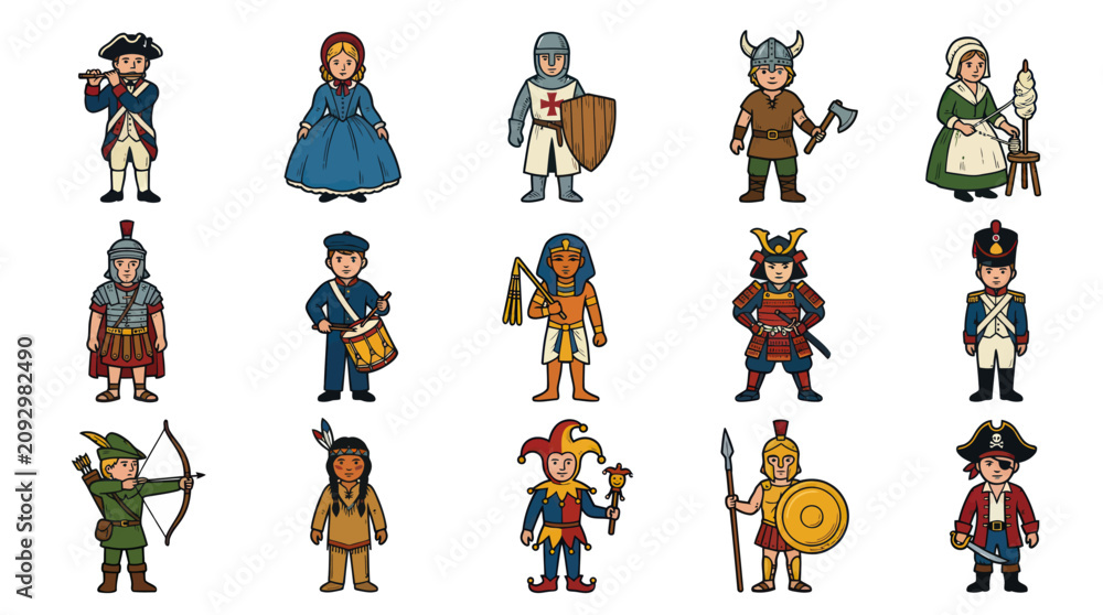 Fototapeta premium Flat Style Historical Figures Vector Icons: Warriors, Royalty, Leaders