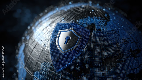 Digital globe with shield symbol showing themes of security and protection in a virtual world