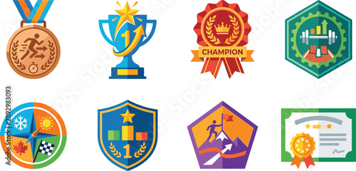 Sports awards and achievement badges icon collection vector illustration isolated on white background