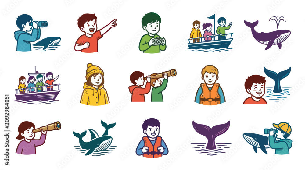 Obraz premium Flat Vector Whale Watching and Marine Tourism Illustrations for Kids, Ocean Exploration, and Nature Education