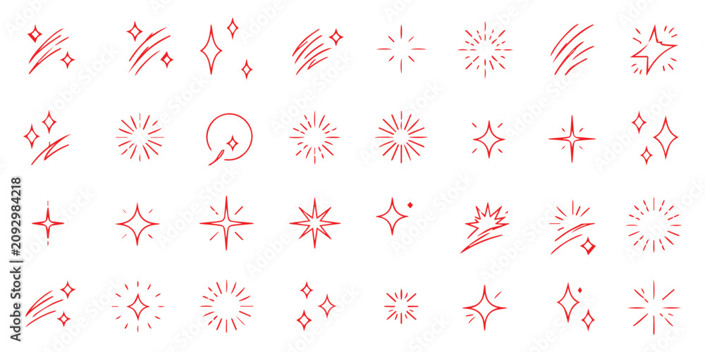 Fototapeta premium Minimalist decorative design shine sparkle and starburst line icon set with thin black editable stroke, bling stars sparkles signs