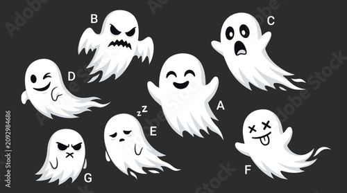 Tableau sur toile Annotated cartoon ghosts with different moods and letters.