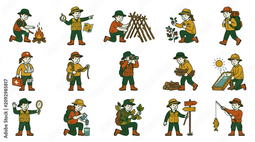Obraz premium Cartoon Vector Icons: Outdoor Adventure, Camping Survival Skills. Scout Camper Activities Collection.