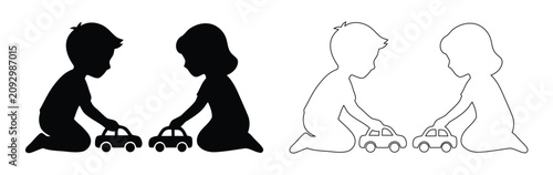 Принти на полотні Boy and Girl Playing Toy Cars Silhouette and Outline Vector Graphic, Kids Sharin