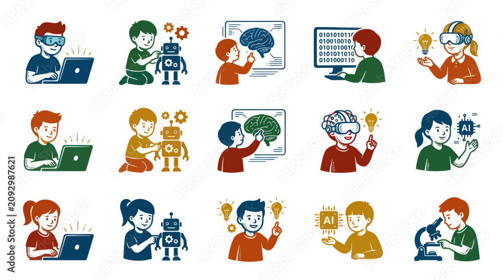 Fototapeta premium Children learning STEM, AI, coding, robotics, science with laptops and microscopes