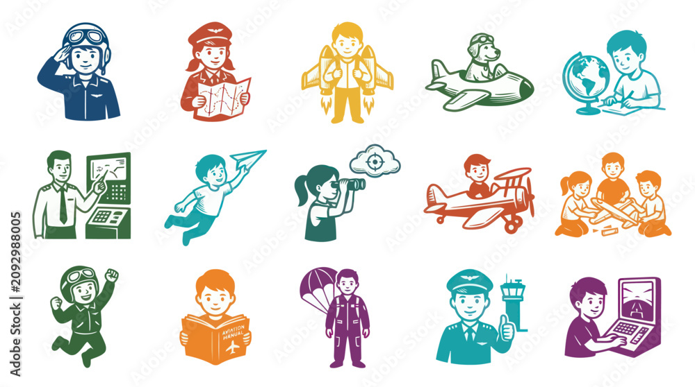 Fototapeta premium Set of Aviation and Travel Icons: Pilots, Airplanes, Globes, and Technology in Flat Design