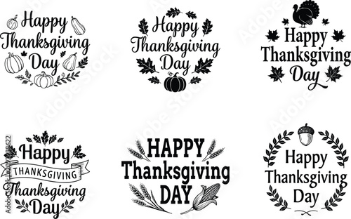 Set of Happy Thanksgiving Day decorative badges and emblems with autumn elements like pumpkins, turkeys, leaves, and acorns