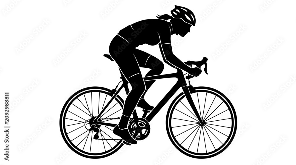 Obraz premium Black silhouette of a female cyclist riding a road bike isolated on white background.