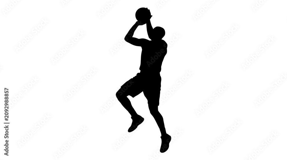 Obraz premium Silhouette of a basketball player jumping to shoot the ball isolated on white background.