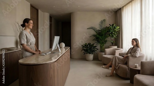 Receptionist assisting client in modern spa waiting area