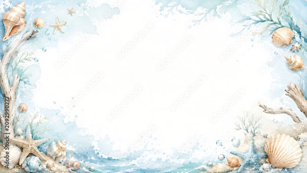 Obraz premium Watercolor beach frame with seashells, starfish, and driftwood on a soft blue ocean background