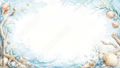 Watercolor beach frame with seashells, starfish, and driftwood on a soft blue ocean background