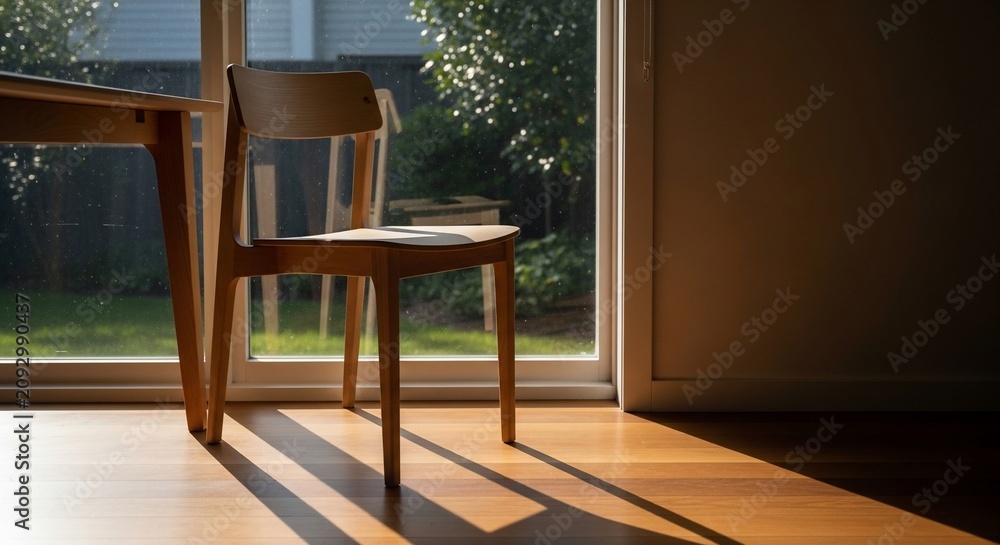 Fototapeta premium Minimalist wooden dining chair in a sunlit room by a glass sliding door.