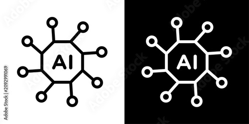 Quadro su tela AI connection icon outline style with central node & branch elements for smart networking, intelligent AI connectivity, data distribution, digital links & tech system integration