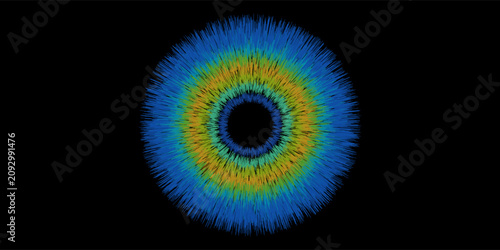Quadro su tela Smooth iridescent spectrum light ring with dense radial rays and vibrant chromatic aberration on a black background
