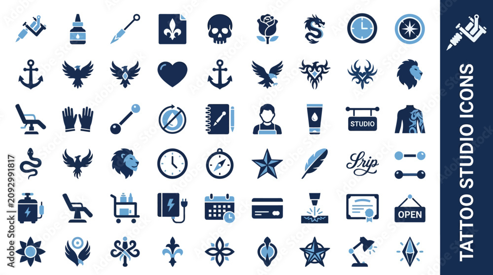 Fototapeta premium A collection of various tattoo studio icons featuring symbols and objects like anchors, hearts, stars, and other designs on display for art and inspiration purposes in a studio setting.