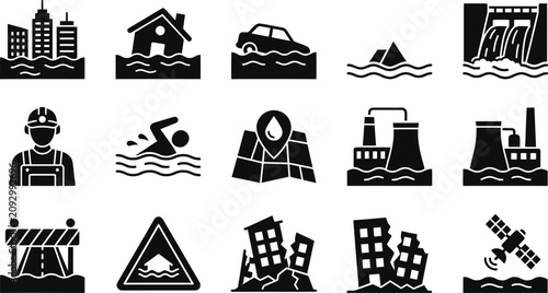 Foto Flooding water vector bundle flood disaster icons for emergency response and wat