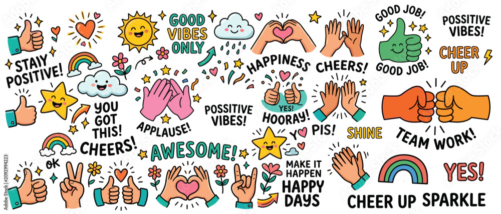 Fototapeta premium Colorful sticker collection with hand gestures and positive typography art. Cheerful doodles perfect for enhancing notebooks planners and school supplies. vector illustration.