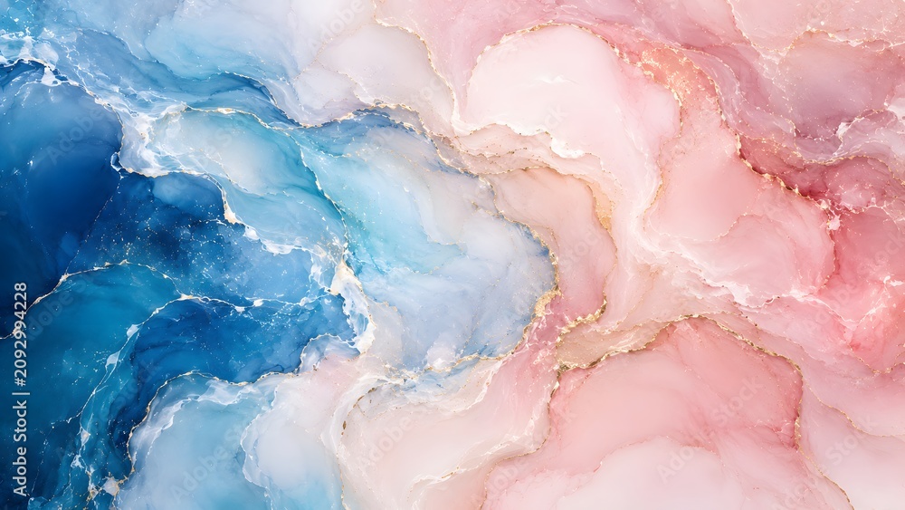 Fototapeta premium Abstract fluid art background with flowing blue and pink alcohol ink waves and gold glitter veins