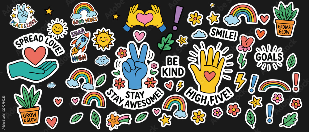 Naklejka premium Vibrant sticker pack featuring hand signs plants and colorful rainbows art. Playful sticker assortment highlighting hand signs potted plants cheerful rainbows stars hearts and positive affirmations.