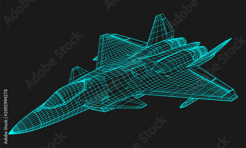 Digital 3d blueprint of advanced supersonic aircraft shown in neon blue lines. Wireframe model of modern fighter jet on dark background technology. vector illustration.