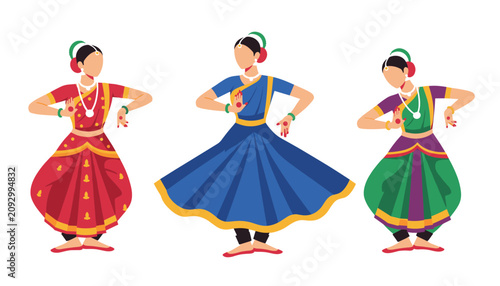 Three traditional Indian classical dancers performing a graceful choreographic routine in colorful costumes.