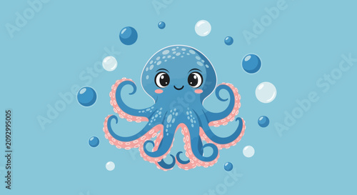 Cute blue cartoon octopus with a happy expression and eight tentacles.
