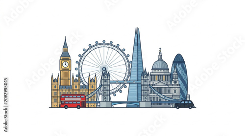 Fotografía Iconic London landmarks illustrated in vibrant watercolor style.