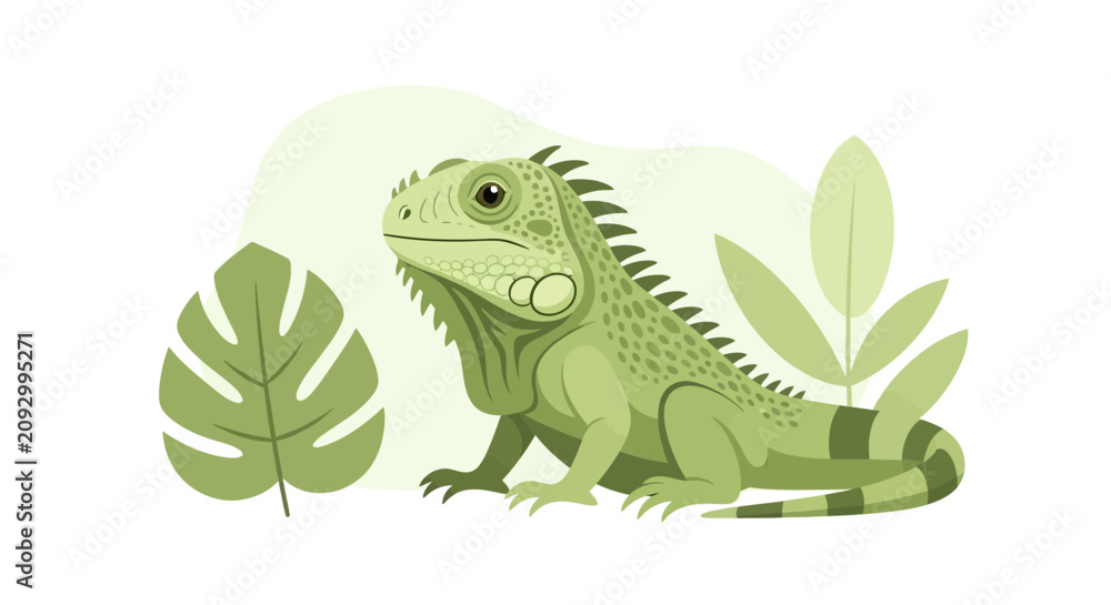 Obraz premium Vibrant green iguana depicted in a captivating flat design illustration, posed peacefully amidst stylized tropical leaves, ideal for nature and wildlife projects