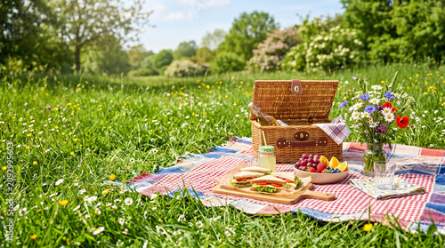 Scenic Picnic Setup with Fresh Sandwiches and Flowers on a Summer Meadow Blanket