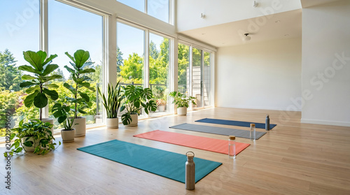 Bright Minimalist Yoga Studio Interior with Indoor Plants and Colorful Exercise Mats on Hardwood Floors