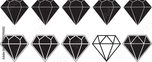 Fotografía Ten faceted diamonds with one outlined against a white background representing e