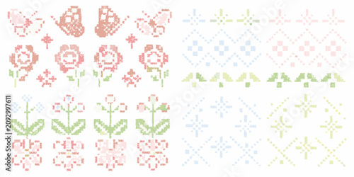 Tableau sur toile cross stitch floral pattern in pastel colors pixel art embroidery flowers design