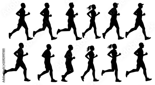 Running men and women, isolated vector silhouettes. Run, side view. Silhouettes of athletic looking male and female runners running. JPEG version.